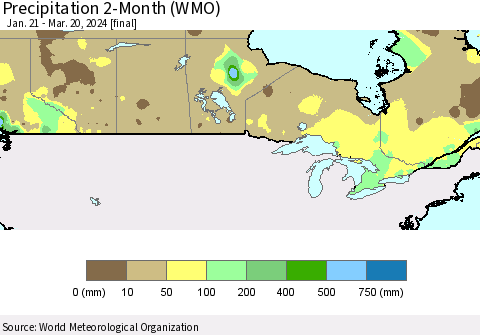 Canada Precipitation 2-Month (WMO) Thematic Map For 1/21/2024 - 3/20/2024