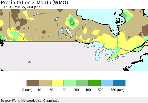 Canada Precipitation 2-Month (WMO) Thematic Map For 1/26/2024 - 3/25/2024