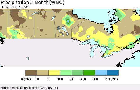 Canada Precipitation 2-Month (WMO) Thematic Map For 2/1/2024 - 3/31/2024