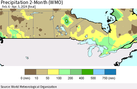 Canada Precipitation 2-Month (WMO) Thematic Map For 2/6/2024 - 4/5/2024