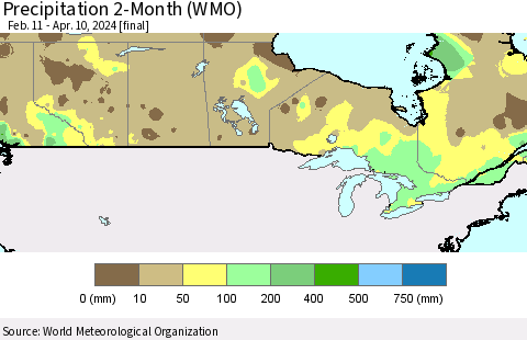 Canada Precipitation 2-Month (WMO) Thematic Map For 2/11/2024 - 4/10/2024