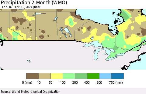Canada Precipitation 2-Month (WMO) Thematic Map For 2/16/2024 - 4/15/2024