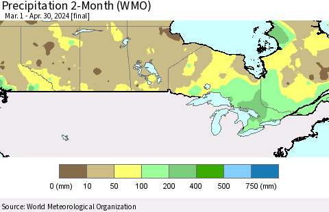 Canada Precipitation 2-Month (WMO) Thematic Map For 3/1/2024 - 4/30/2024