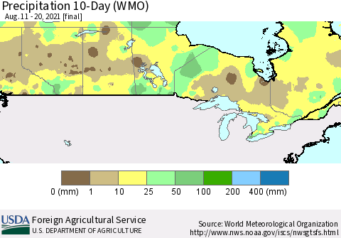 Canada Precipitation 10-Day (WMO) Thematic Map For 8/11/2021 - 8/20/2021