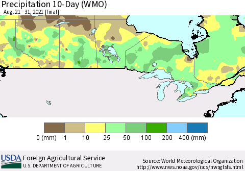 Canada Precipitation 10-Day (WMO) Thematic Map For 8/21/2021 - 8/31/2021