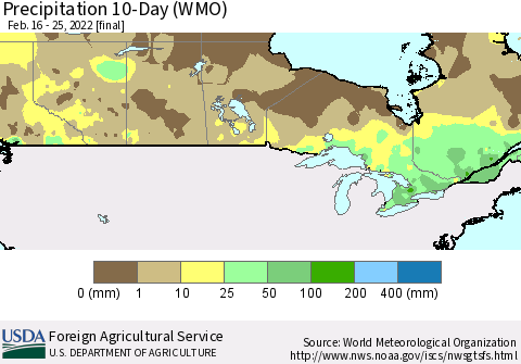Canada Precipitation 10-Day (WMO) Thematic Map For 2/16/2022 - 2/25/2022