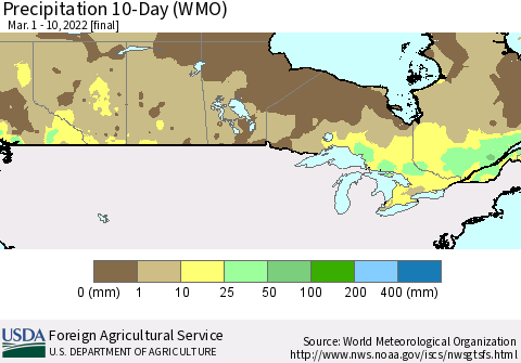 Canada Precipitation 10-Day (WMO) Thematic Map For 3/1/2022 - 3/10/2022