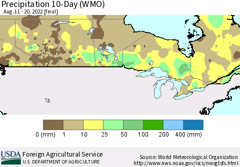 Canada Precipitation 10-Day (WMO) Thematic Map For 8/11/2022 - 8/20/2022