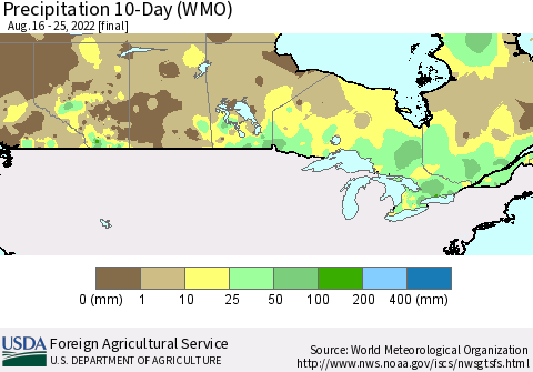 Canada Precipitation 10-Day (WMO) Thematic Map For 8/16/2022 - 8/25/2022