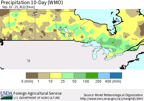 Canada Precipitation 10-Day (WMO) Thematic Map For 9/16/2022 - 9/25/2022