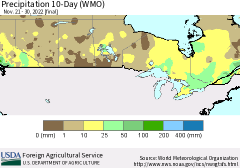 Canada Precipitation 10-Day (WMO) Thematic Map For 11/21/2022 - 11/30/2022