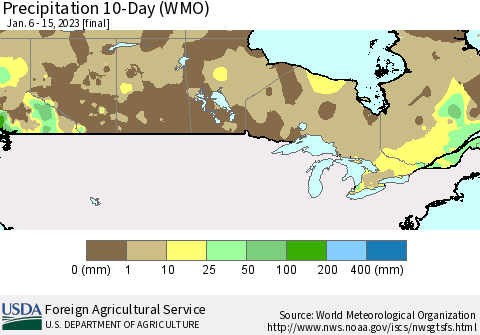 Canada Precipitation 10-Day (WMO) Thematic Map For 1/6/2023 - 1/15/2023