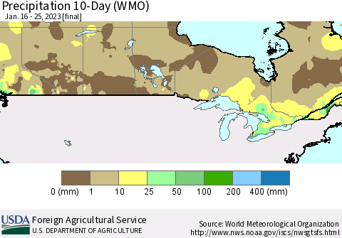 Canada Precipitation 10-Day (WMO) Thematic Map For 1/16/2023 - 1/25/2023
