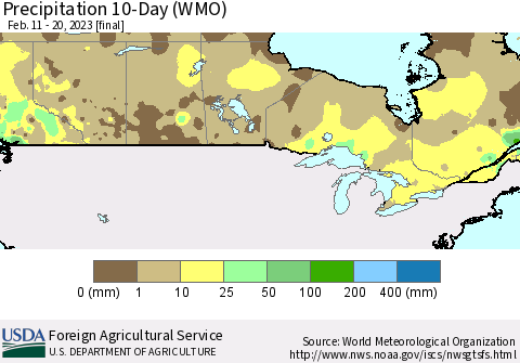 Canada Precipitation 10-Day (WMO) Thematic Map For 2/11/2023 - 2/20/2023