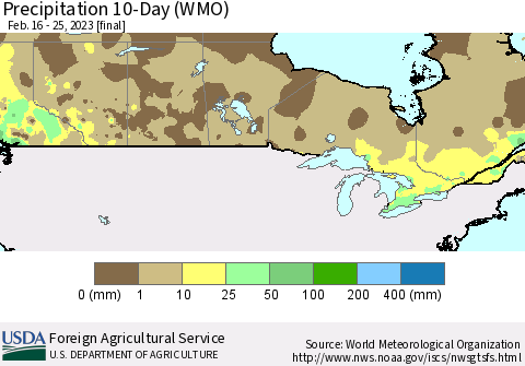 Canada Precipitation 10-Day (WMO) Thematic Map For 2/16/2023 - 2/25/2023