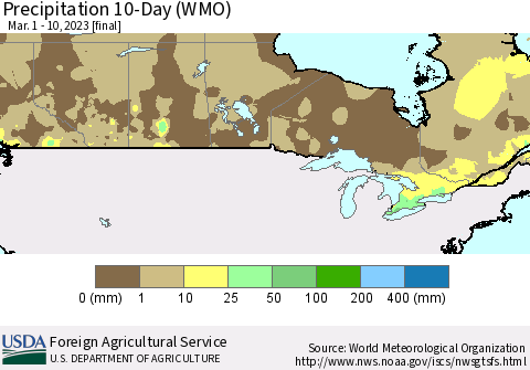 Canada Precipitation 10-Day (WMO) Thematic Map For 3/1/2023 - 3/10/2023