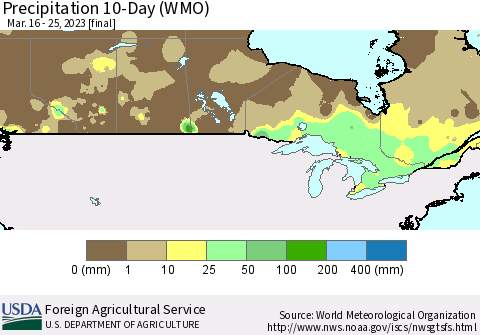 Canada Precipitation 10-Day (WMO) Thematic Map For 3/16/2023 - 3/25/2023