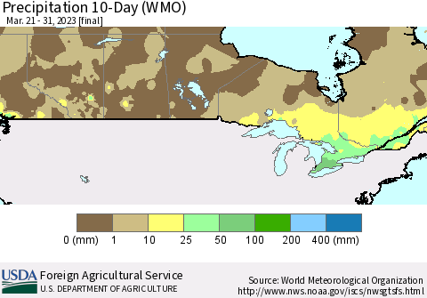 Canada Precipitation 10-Day (WMO) Thematic Map For 3/21/2023 - 3/31/2023
