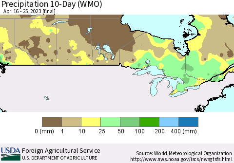 Canada Precipitation 10-Day (WMO) Thematic Map For 4/16/2023 - 4/25/2023