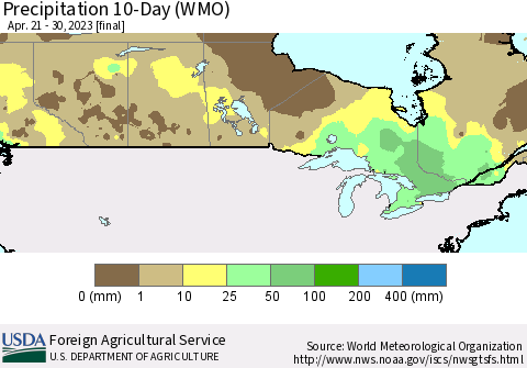 Canada Precipitation 10-Day (WMO) Thematic Map For 4/21/2023 - 4/30/2023