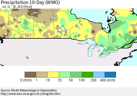 Canada Precipitation 10-Day (WMO) Thematic Map For 7/11/2023 - 7/20/2023