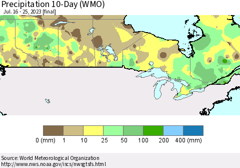 Canada Precipitation 10-Day (WMO) Thematic Map For 7/16/2023 - 7/25/2023