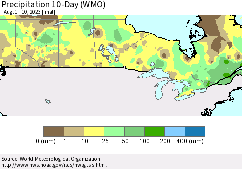 Canada Precipitation 10-Day (WMO) Thematic Map For 8/1/2023 - 8/10/2023