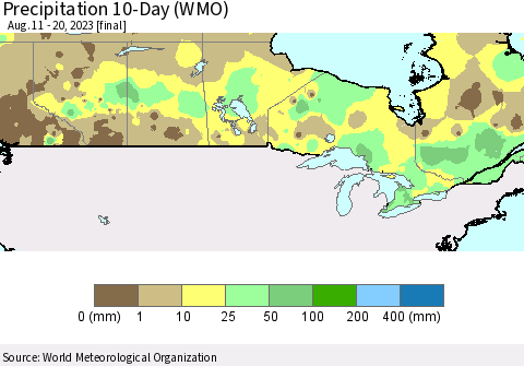 Canada Precipitation 10-Day (WMO) Thematic Map For 8/11/2023 - 8/20/2023