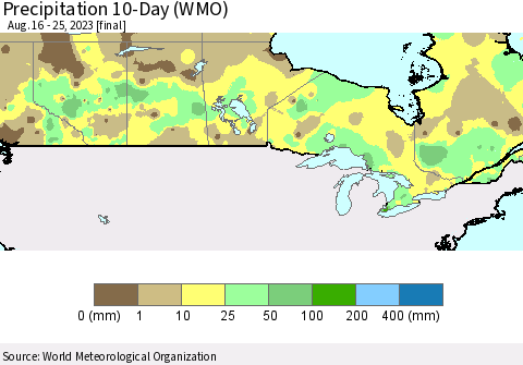Canada Precipitation 10-Day (WMO) Thematic Map For 8/16/2023 - 8/25/2023