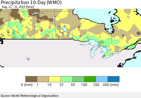 Canada Precipitation 10-Day (WMO) Thematic Map For 8/21/2023 - 8/31/2023