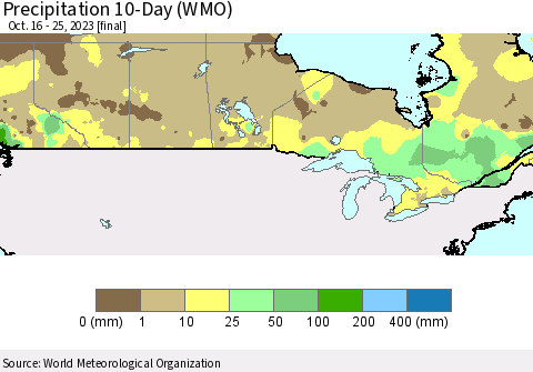 Canada Precipitation 10-Day (WMO) Thematic Map For 10/16/2023 - 10/25/2023