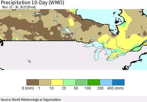 Canada Precipitation 10-Day (WMO) Thematic Map For 11/21/2023 - 11/30/2023