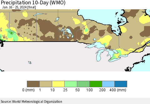 Canada Precipitation 10-Day (WMO) Thematic Map For 1/16/2024 - 1/25/2024