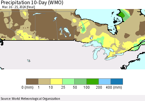 Canada Precipitation 10-Day (WMO) Thematic Map For 3/16/2024 - 3/25/2024