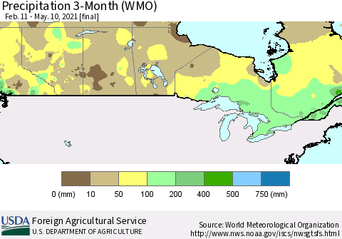 Canada Precipitation 3-Month (WMO) Thematic Map For 2/11/2021 - 5/10/2021