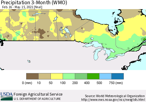 Canada Precipitation 3-Month (WMO) Thematic Map For 2/16/2021 - 5/15/2021