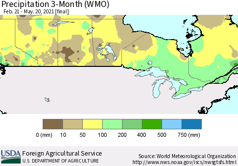 Canada Precipitation 3-Month (WMO) Thematic Map For 2/21/2021 - 5/20/2021