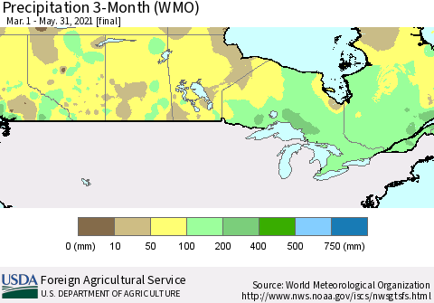Canada Precipitation 3-Month (WMO) Thematic Map For 3/1/2021 - 5/31/2021