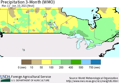 Canada Precipitation 3-Month (WMO) Thematic Map For 3/11/2021 - 6/10/2021