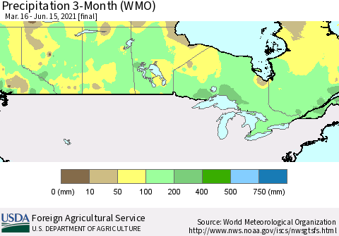Canada Precipitation 3-Month (WMO) Thematic Map For 3/16/2021 - 6/15/2021
