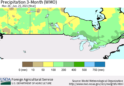 Canada Precipitation 3-Month (WMO) Thematic Map For 3/26/2021 - 6/25/2021