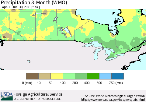 Canada Precipitation 3-Month (WMO) Thematic Map For 4/1/2021 - 6/30/2021