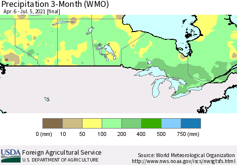 Canada Precipitation 3-Month (WMO) Thematic Map For 4/6/2021 - 7/5/2021