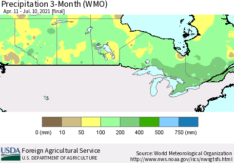 Canada Precipitation 3-Month (WMO) Thematic Map For 4/11/2021 - 7/10/2021