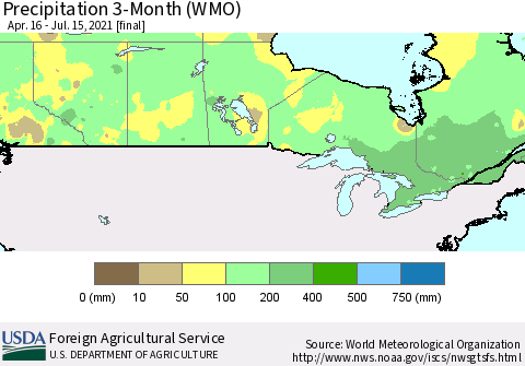 Canada Precipitation 3-Month (WMO) Thematic Map For 4/16/2021 - 7/15/2021