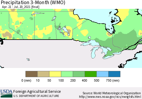 Canada Precipitation 3-Month (WMO) Thematic Map For 4/21/2021 - 7/20/2021