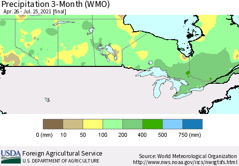 Canada Precipitation 3-Month (WMO) Thematic Map For 4/26/2021 - 7/25/2021
