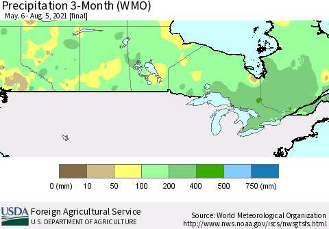 Canada Precipitation 3-Month (WMO) Thematic Map For 5/6/2021 - 8/5/2021