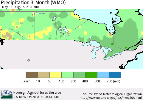 Canada Precipitation 3-Month (WMO) Thematic Map For 5/16/2021 - 8/15/2021