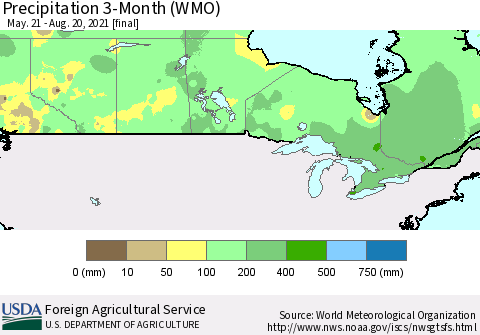 Canada Precipitation 3-Month (WMO) Thematic Map For 5/21/2021 - 8/20/2021
